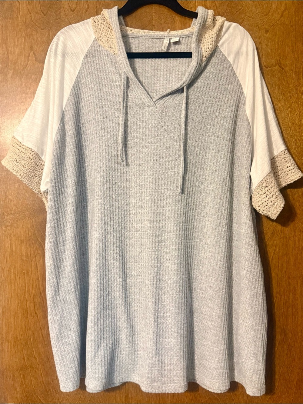 Cato Light Gray & White Hooded Knit Top with Crochet Trim